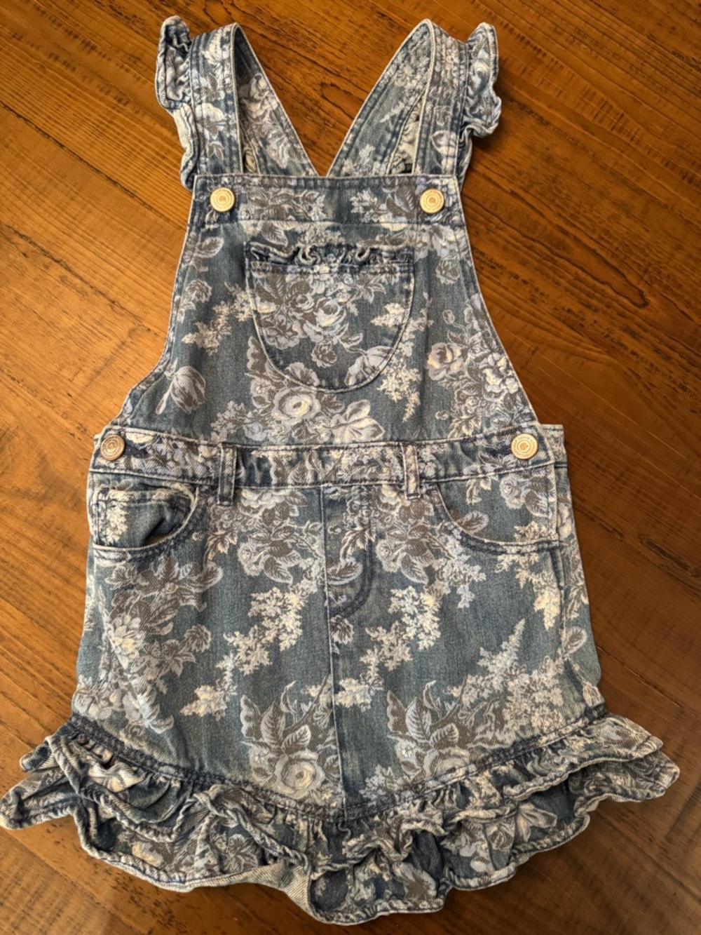 GAP Floral Ruffle Denim Overalls - Light Blue & White